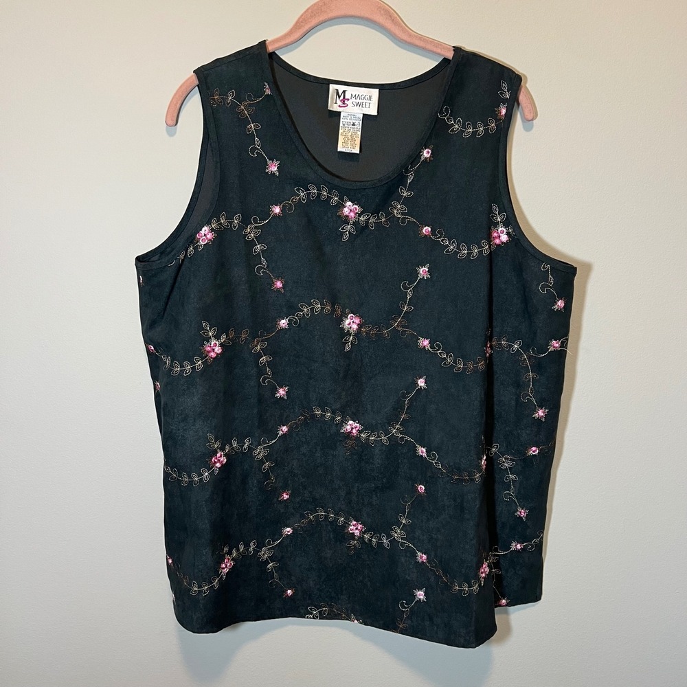Maggie Sweet Black Faux Suede Floral Embroidered Tank Top Large Western Country
